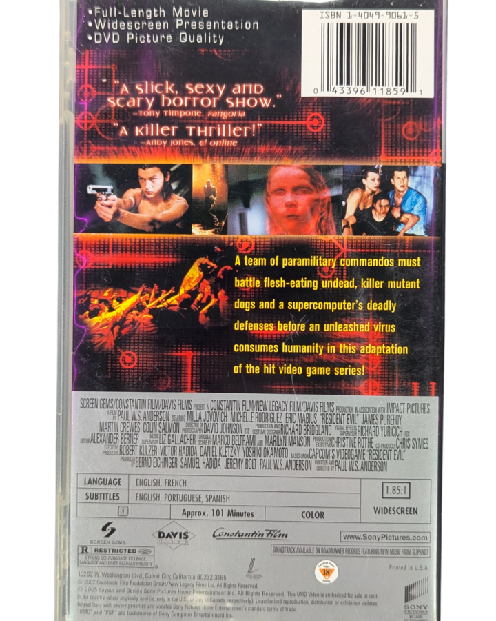 Resident Evil PSP Movie PlayStation Portable UMD video, live-action horror film adaptation, survival horror franchise, Sony PSP movie release back cover