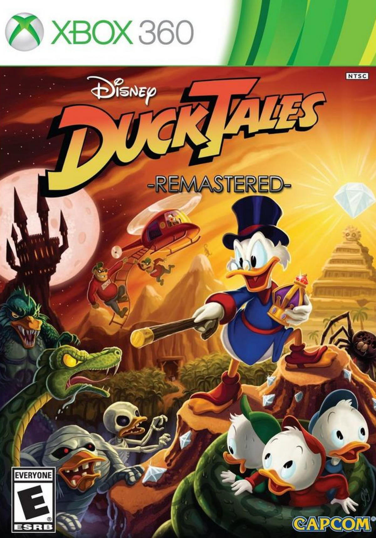 DuckTales Remastered Xbox 360 for retro video game enthusiasts featuring classic side scrolling platforming gameplay hand drawn animated visuals Scrooge McDuck treasure hunting adventures cane pogo mechanics colorful Disney worlds nostalgic action platforming and collectible gaming appeal cover art
