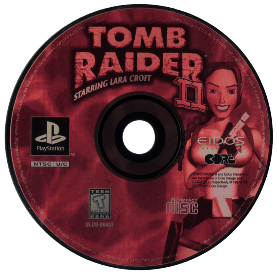 Tomb Raider II: Starring Lara Croft disc art for PlayStation 1 (PS1) video game, action adventure, exploration and puzzles, classic Lara Croft title