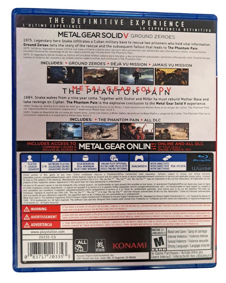 Metal Gear Solid V: The Definitive Experience retro PS4 video game Metal Gear Solid V The Definitive Experience stealth action tactical espionage open world infiltration gameplay cinematic story driven combat console release  back cover 