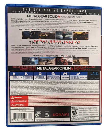 Metal Gear Solid V: The Definitive Experience retro PS4 video game Metal Gear Solid V The Definitive Experience stealth action tactical espionage open world infiltration gameplay cinematic story driven combat console release  back cover 