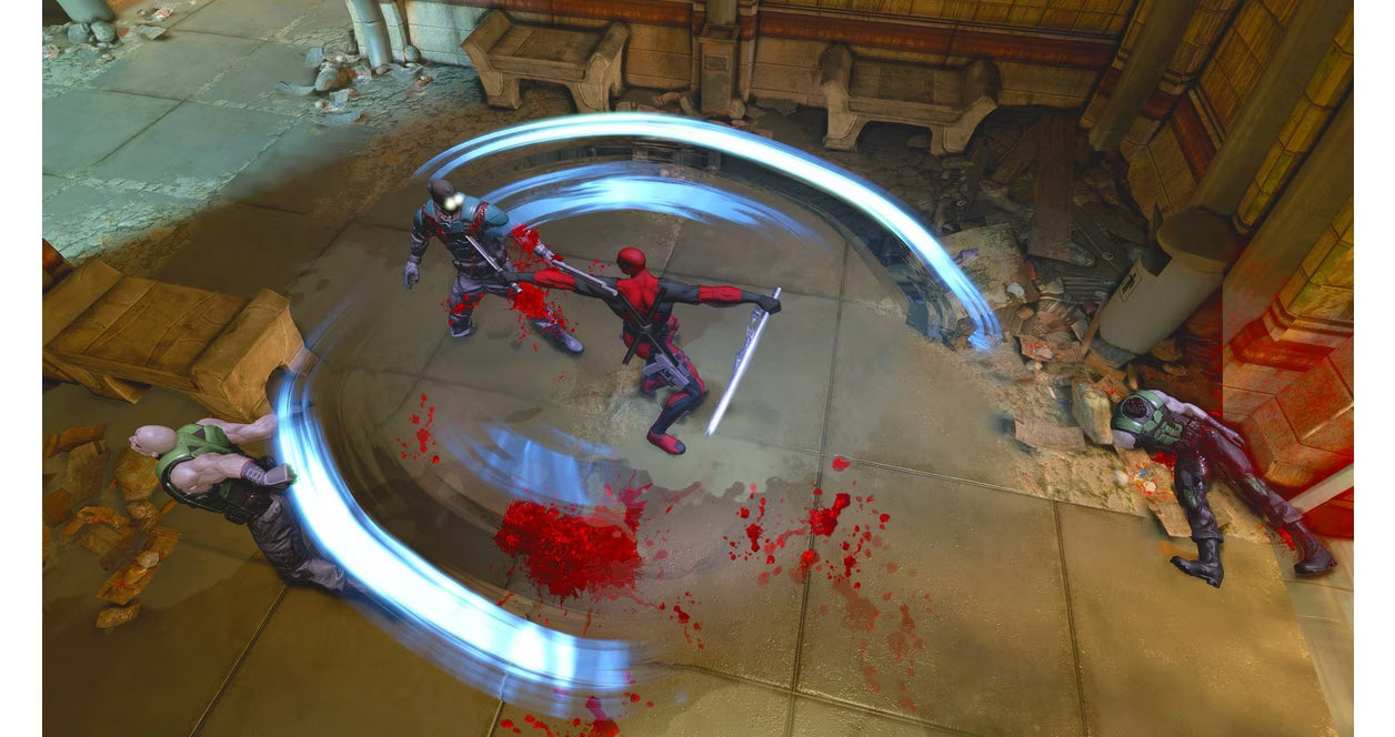 Deadpool Xbox 360 action hack and slash video game fourth-wall breaking humor by Marvel antihero guns sword gameplay