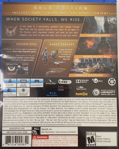 Tom Clancy's The Division [Gold Edition] – PlayStation 4 (PS4) video game back of case, online action role-playing shooter.
