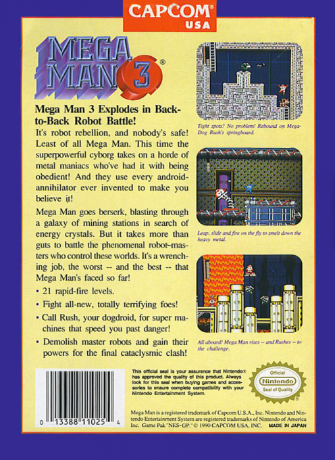 Mega Man 3 back of box for Nintendo Entertainment System NES retro video game