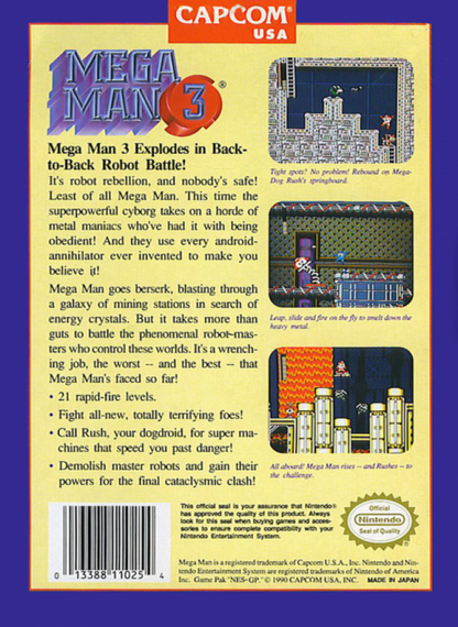 Mega Man 3 back of box for Nintendo Entertainment System NES retro video game