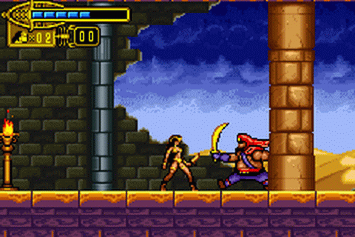 The Scorpion King Sword of Osiris Game Boy Advance GBA action adventure video game featuring Mathayus sword combat ancient Egyptian environments platforming enemies boss battles powerful attacks treasure exploration challenging levels and classic Game Boy Advance GBA gameplay collectible retro gaming appeal gameplay