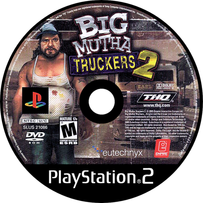 Retro Big Mutha Truckers 2 PS2 inspired design featuring over the top trucking adventure aesthetic vintage PlayStation 2 southern humor chaotic highway races cargo hauling arcade driving gameplay outrageous characters nostalgic road trip action presentation - disc