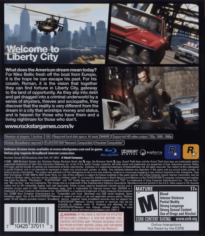 Grand Theft Auto IV [Complete Edition] back cover art for PlayStation 3 (PS3) video game