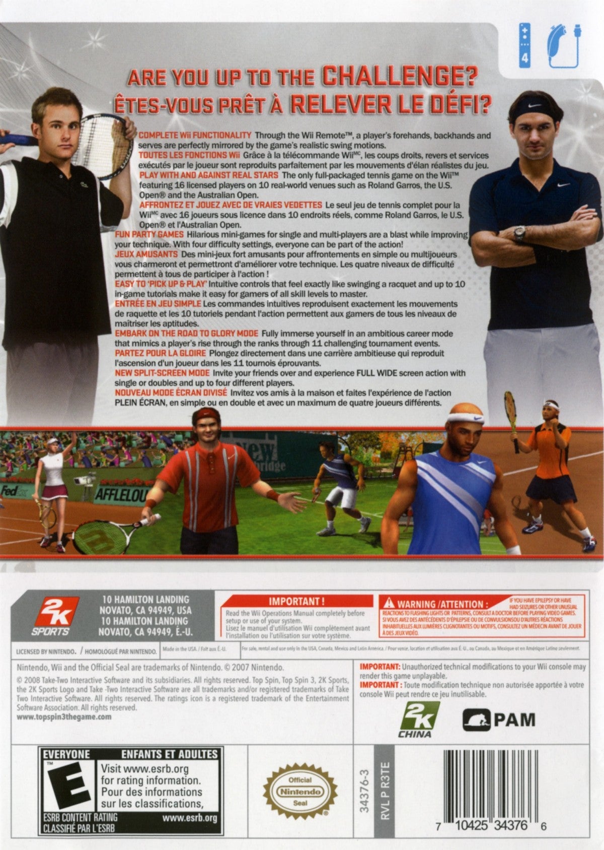 Top Spin 3 back cover art for Nintendo Wii (Wii) featuring realistic tennis simulation with motion‑controlled swings, pro player roster, and career tournaments.