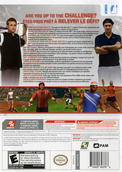 Top Spin 3 back cover art for Nintendo Wii (Wii) featuring realistic tennis simulation with motion‑controlled swings, pro player roster, and career tournaments.
