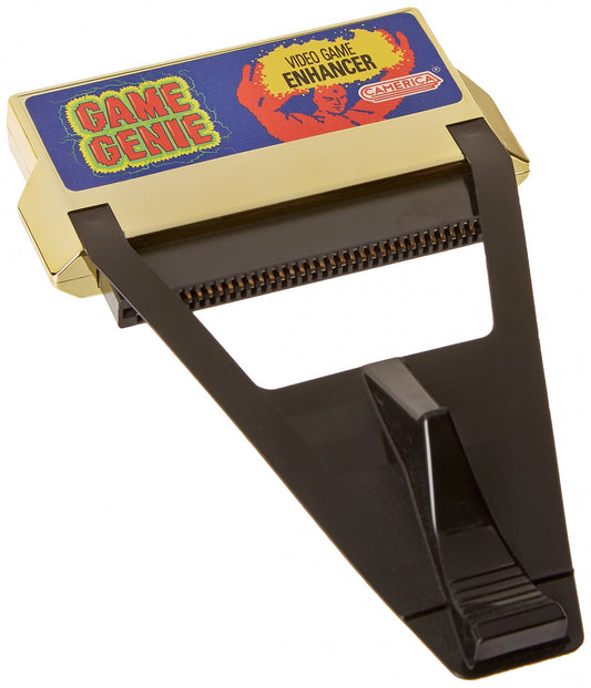 Game Genie for Nintendo Entertainment System (NES) at Gamers INC, featuring the legendary cheat-code breakthrough that unlocked a new dimension of gaming by allowing players to enter alphanumeric codes to bypass difficult levels, gain infinite lives, or discover hidden game features; this essential accessory includes the classic gold cartridge design and provides the ultimate power-up for your entire NES library, from Super Mario Bros. to The Legend of Zelda device