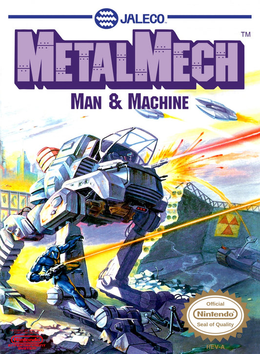 Metal Mech cartridge for the Nintendo Entertainment System featuring 8 bit action gameplay with a transformable mech tank side scrolling combat and strategic mission based objectives front cover