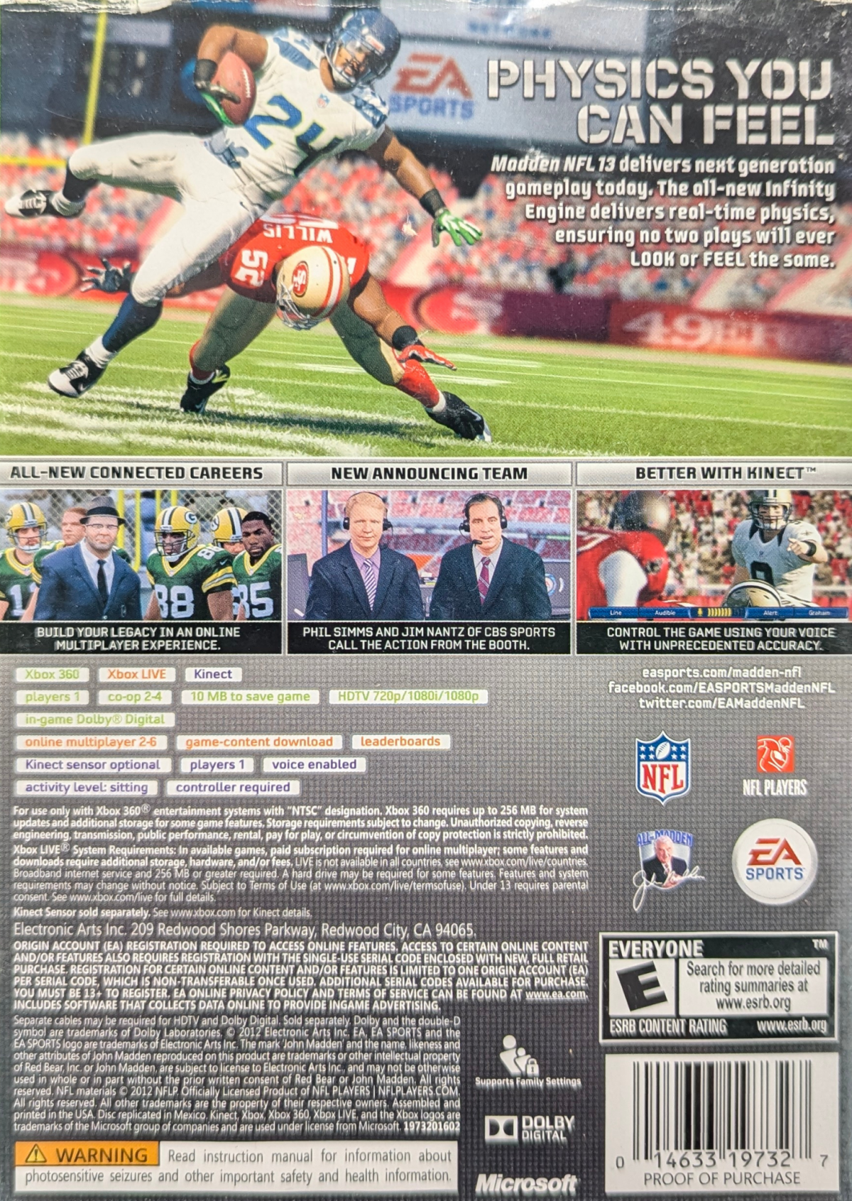 Madden NFL 13 Xbox 360 X360 video game featuring American football sports simulation gameplay NFL teams and players passing plays rushing attacks defensive strategies touchdown scoring quarterback controls precision passing play calling franchise mode season competition multiplayer matches and classic Xbox 360 football gaming retro video game collection collectible gaming appeal back cover