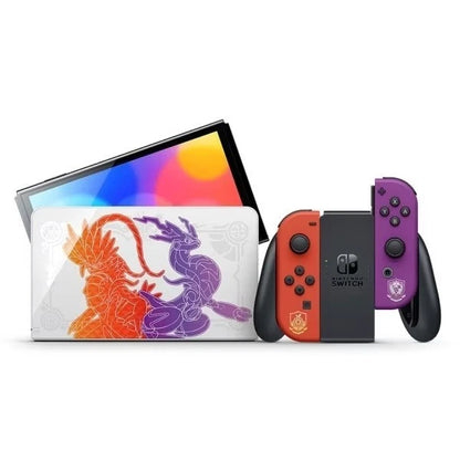 Nintendo Switch OLED Console Pokemon Scarlet and Violet Edition handheld hybrid gaming system with themed dock Joy Con controllers vibrant OLED screen limited edition Pokémon Scarlet and Violet design console set front