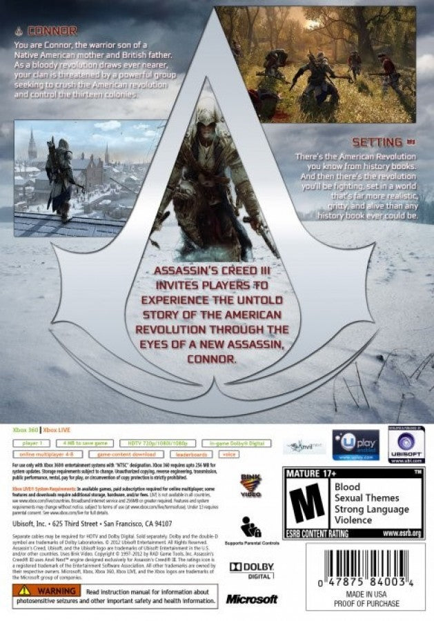 Assassin's Creed III back cover art for Xbox 360 (X360) action-adventure video game
