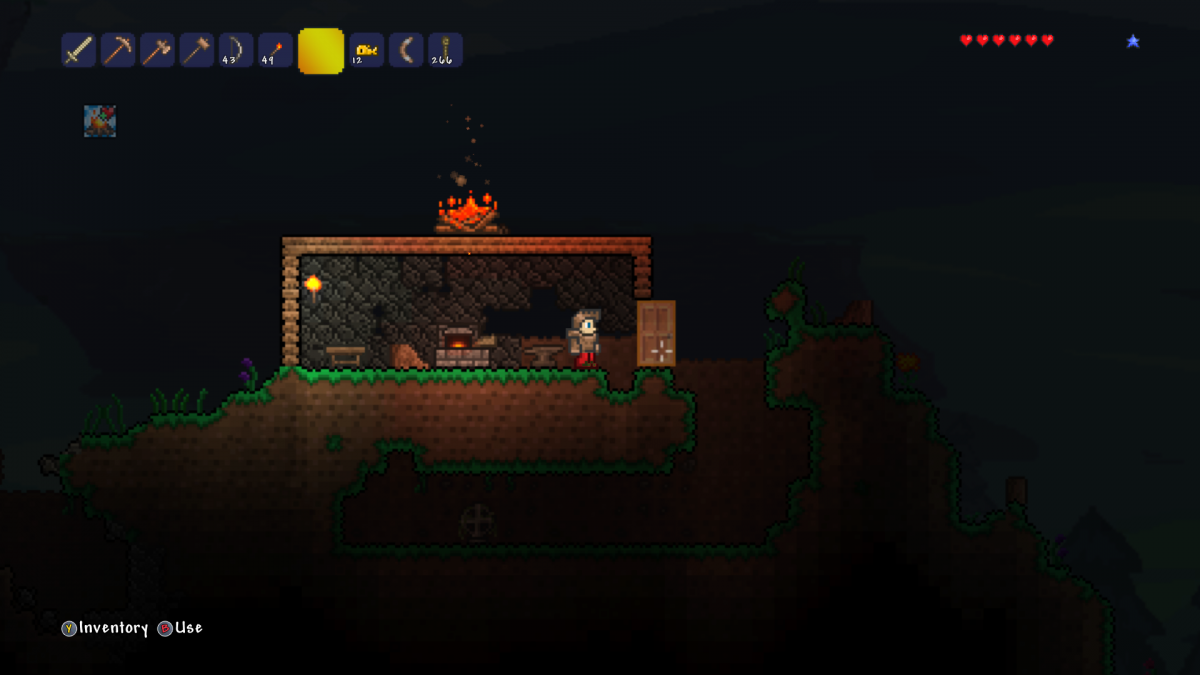 Terraria Xbox 360 X360 sandbox adventure game featuring 2D exploration crafting building mining resource gathering weapon crafting boss battles and procedurally generated worlds retro video game collection collectible gaming appeal gameplay screenshot