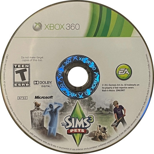 The Sims 3 Pets Xbox 360 video game featuring life simulation gameplay customizable characters cats dogs horses open world neighborhoods and classic EA console simulation title disc