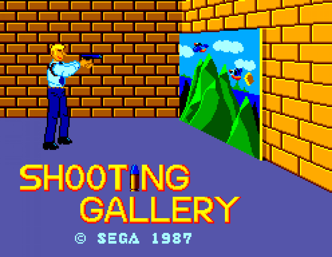 Shooting Gallery Sega Master System SMS for arcade shooting video game fans featuring target shooting gameplay quick reflex challenges colorful targets multiple shooting stages score based action and classic Sega Master System gameplay collectible retro gaming appeal gameplay