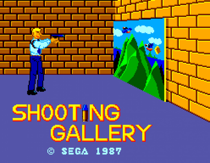 Shooting Gallery Sega Master System SMS for arcade shooting video game fans featuring target shooting gameplay quick reflex challenges colorful targets multiple shooting stages score based action and classic Sega Master System gameplay collectible retro gaming appeal gameplay