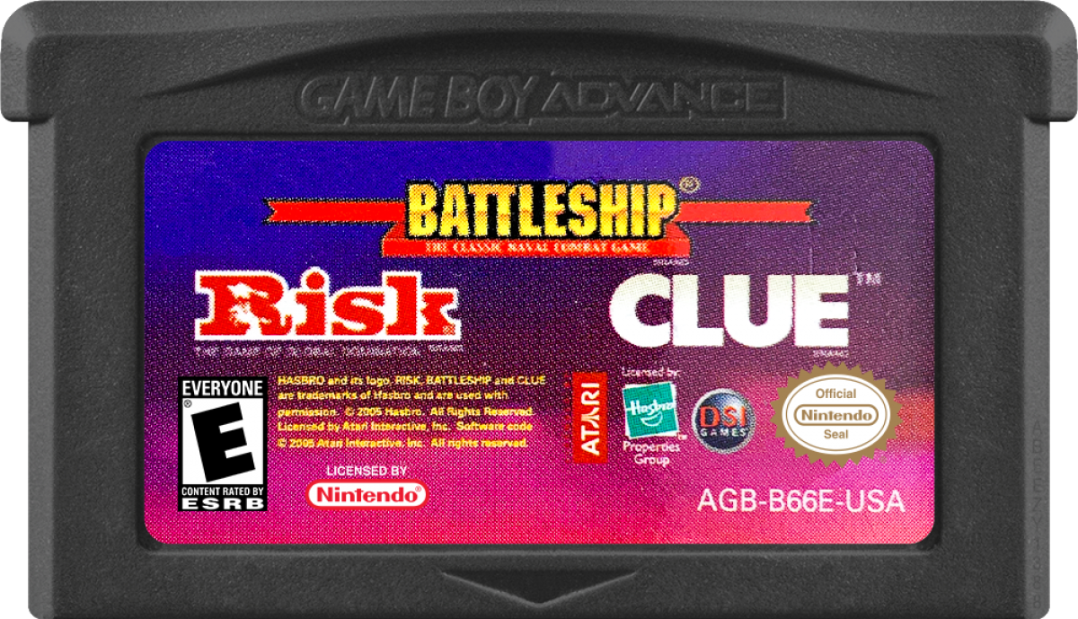 Risk Battleship Clue for Game Boy Advance strategy board game collection featuring digital versions of Risk Battleship and Clue with turn based gameplay and multiplayer modes cartridge