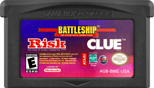 Risk Battleship Clue for Game Boy Advance strategy board game collection featuring digital versions of Risk Battleship and Clue with turn based gameplay and multiplayer modes cartridge