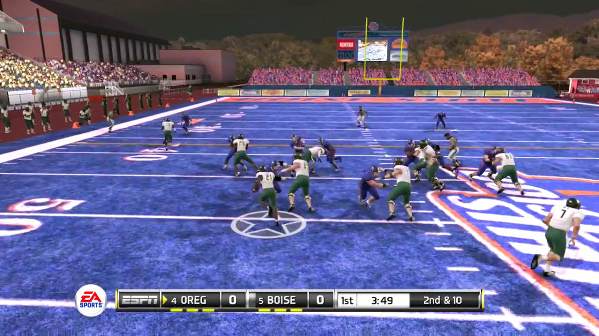 NCAA Football 11 for PlayStation 3 (PS3) at Gamers INC, featuring an authentic college football experience with a revamped ESPN-style presentation, dynamic lighting, and explosive new locomotion mechanics for smooth and realistic player movement on the field gameplay screenshot