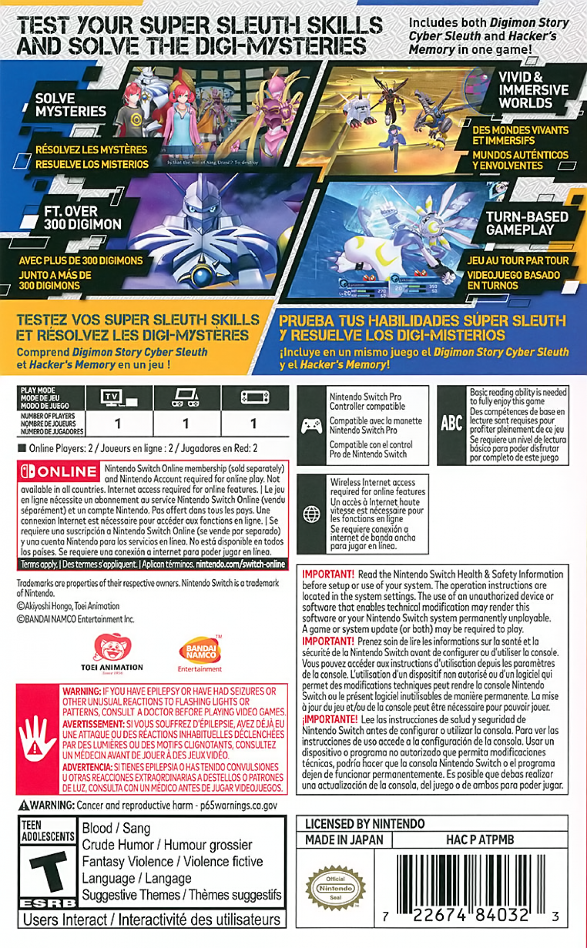 Digimon Story Cyber Sleuth Complete Edition Nintendo Switch two-game compilation collecting Digimon turn-based combat JRPG cyber detective hacker theme EDEN virtual world dual storyline mystery Hacker's Memory media vision Bandai Namco gameplay back cover