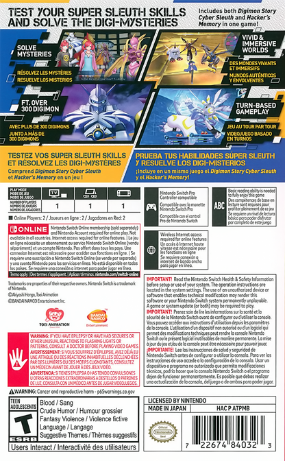 Digimon Story Cyber Sleuth Complete Edition Nintendo Switch two-game compilation collecting Digimon turn-based combat JRPG cyber detective hacker theme EDEN virtual world dual storyline mystery Hacker's Memory media vision Bandai Namco gameplay back cover