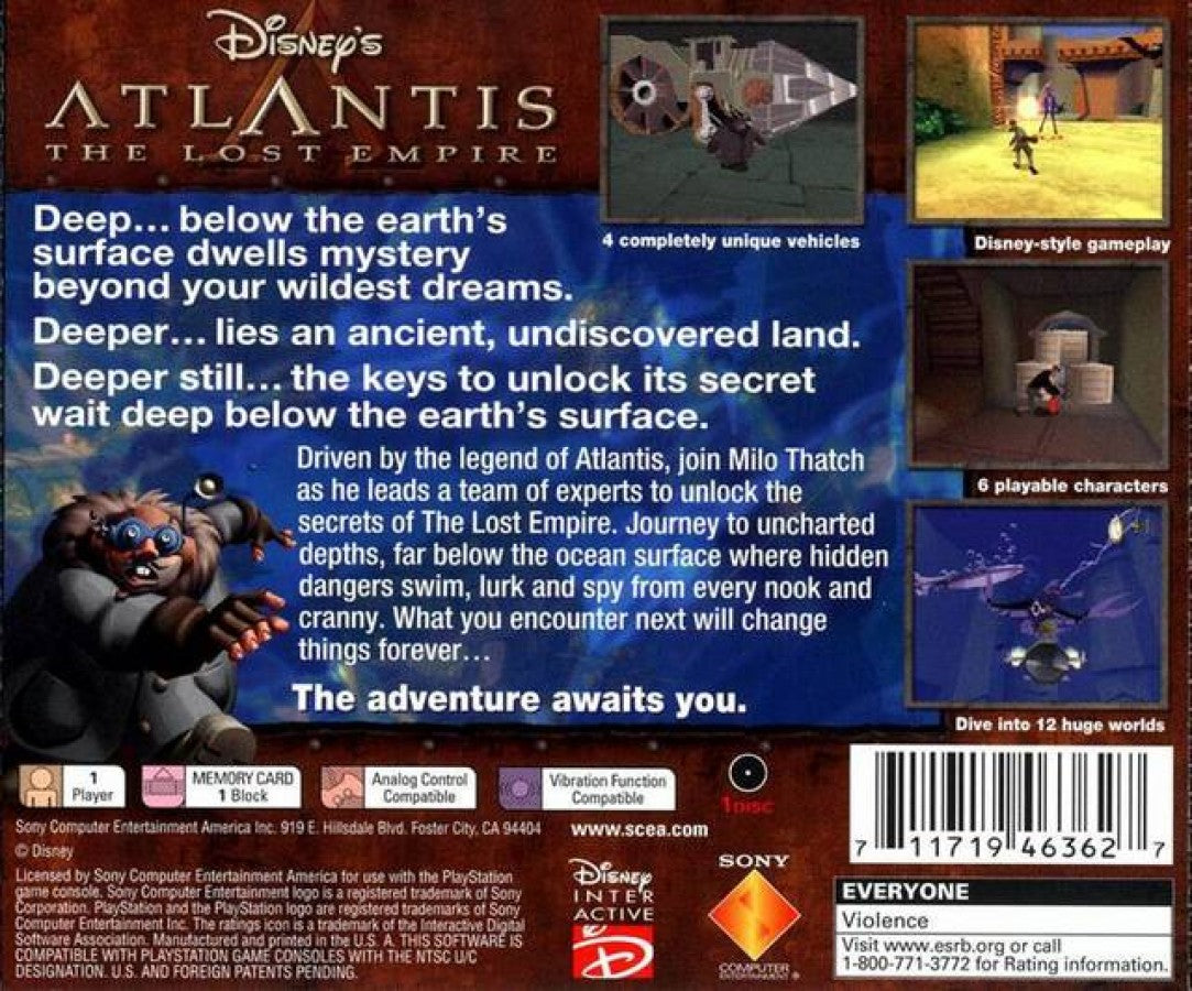 Disney Atlantis: The Lost Empire PlayStation 1 PS1 for action adventure retro video game fans featuring underwater exploration ancient civilization puzzle solving platforming action Disney movie inspired gameplay hidden treasures collectible gaming appeal back of case