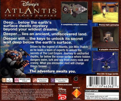 Disney Atlantis: The Lost Empire PlayStation 1 PS1 for action adventure retro video game fans featuring underwater exploration ancient civilization puzzle solving platforming action Disney movie inspired gameplay hidden treasures collectible gaming appeal back of case
