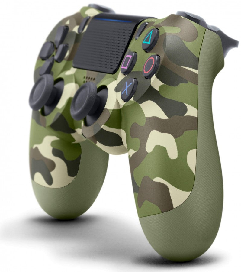 DualShock 4 Camo Green inspired design featuring wireless PlayStation controller aesthetic military camouflage finish ergonomic gaming controls precision thumbsticks responsive triggers modern console gaming accessory presentation side 