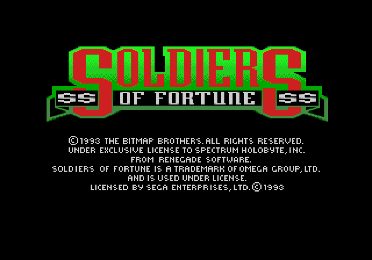 Soldiers of Fortune Sega Genesis retro video game action platformer title screen (1993)
