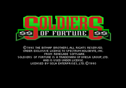 Soldiers of Fortune Sega Genesis retro video game action platformer title screen (1993)