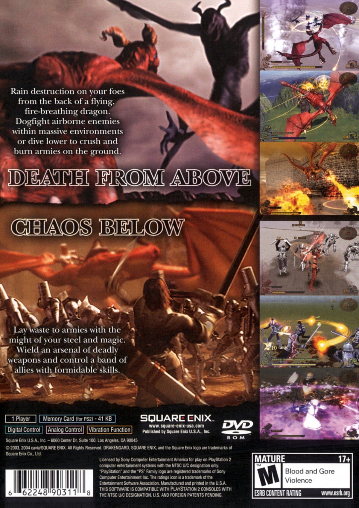 Drakengard PS2 Sony PlayStation 2 action RPG fantasy dark storyline dragon riding aerial combat hack and slash ground battles Square Enix story driven gameplay multiple endings medieval setting retro gaming PlayStation 2 software video game title back cover art