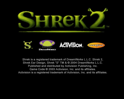 Shrek 2 – PlayStation 2 (PS2) video game title screen, action-adventure platformer game.