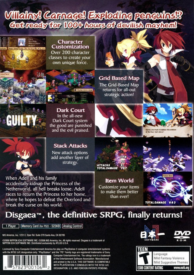 Disgaea 2 Cursed Memories game for the PlayStation 2 featuring tactical RPG gameplay with grid based battles deep character leveling humorous storylines and over the top mechanics set in the Netherworld back cover art
