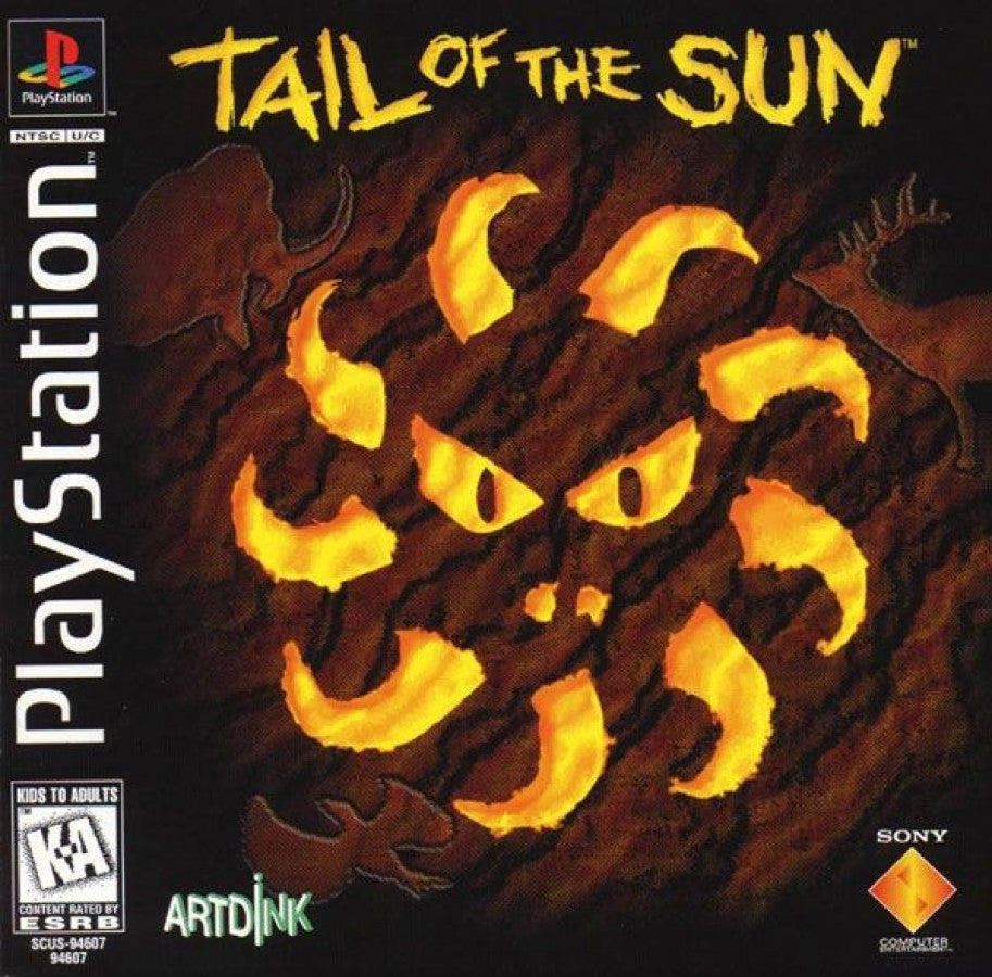 Tail of the Sun PlayStation 1 PS1 for survival adventure retro video game fans featuring prehistoric exploration open world gameplay resource gathering primitive tribes dinosaur encounters unique sandbox experience collectible gaming appeal front cover art