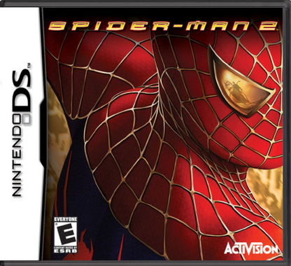 Spider-Man 2 Nintendo DS DS video game featuring superhero action adventure gameplay Marvel Spider-Man web swinging wall crawling web attacks crime fighting enemy battles New York City exploration platforming challenges superhero missions and classic Nintendo DS handheld gaming retro video game collection collectible gaming appeal front cover art