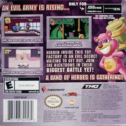 Nicktoons Attack of the Toybots for Game Boy Advance, back of box for a retro video game featuring action platforming gameplay, crossover cartoon characters, combat challenges, puzzle-solving, and side-scrolling adventure