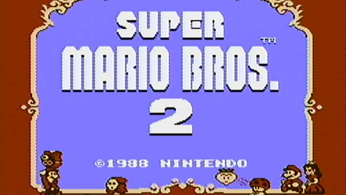 Super Mario Bros. 2 cartridge for the Nintendo Entertainment System featuring a colorful 8 bit platformer with Mario Luigi Princess Toadstool and Toad exploring dreamlike worlds with unique abilities and enemy throwing gameplay 