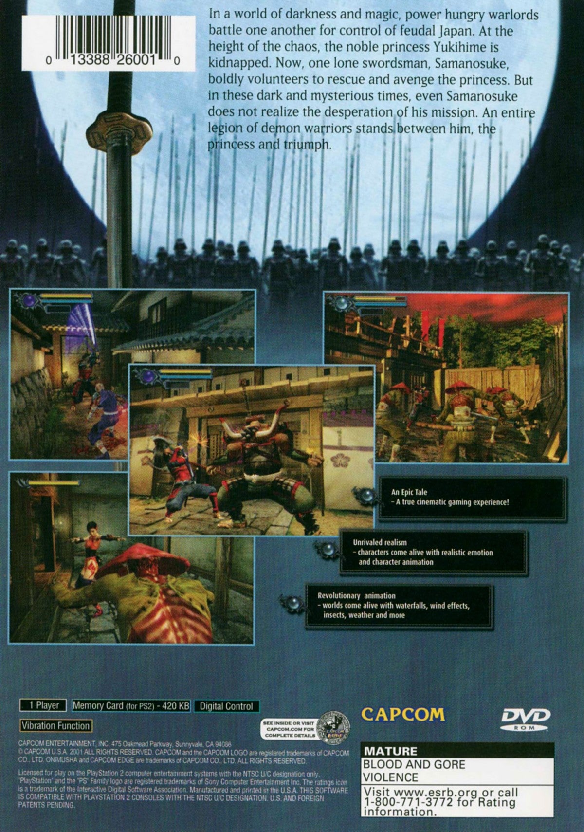Onimusha Warlords PS2 Sony PlayStation 2 action adventure hack and slash samurai combat survival horror demons Oni magic sword fighting Capcom feudal Japan story gameplay puzzle exploration retro gaming PlayStation 2 software video game title back cover art