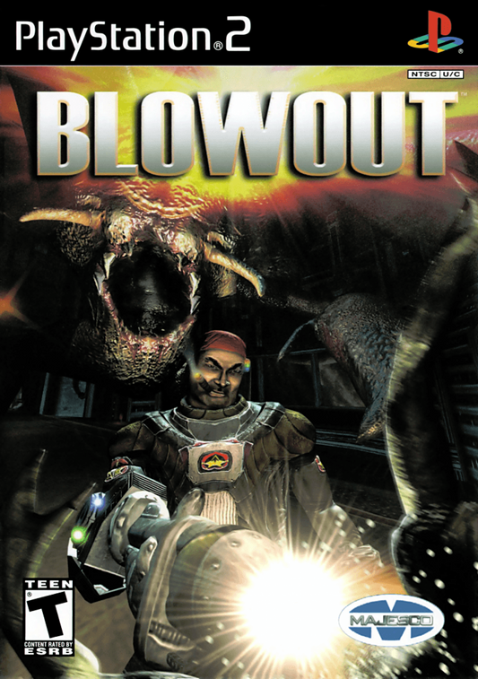 BlowOut PlayStation 2 PS2 for action shooter video game fans featuring side scrolling run and gun gameplay intense alien combat futuristic weapons fast paced platforming sci fi environments explosive action challenging levels classic arcade style gameplay collectible gaming appeal front cover