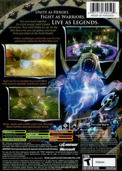 Gauntlet Seven Sorrows back cover art for Xbox video game. 