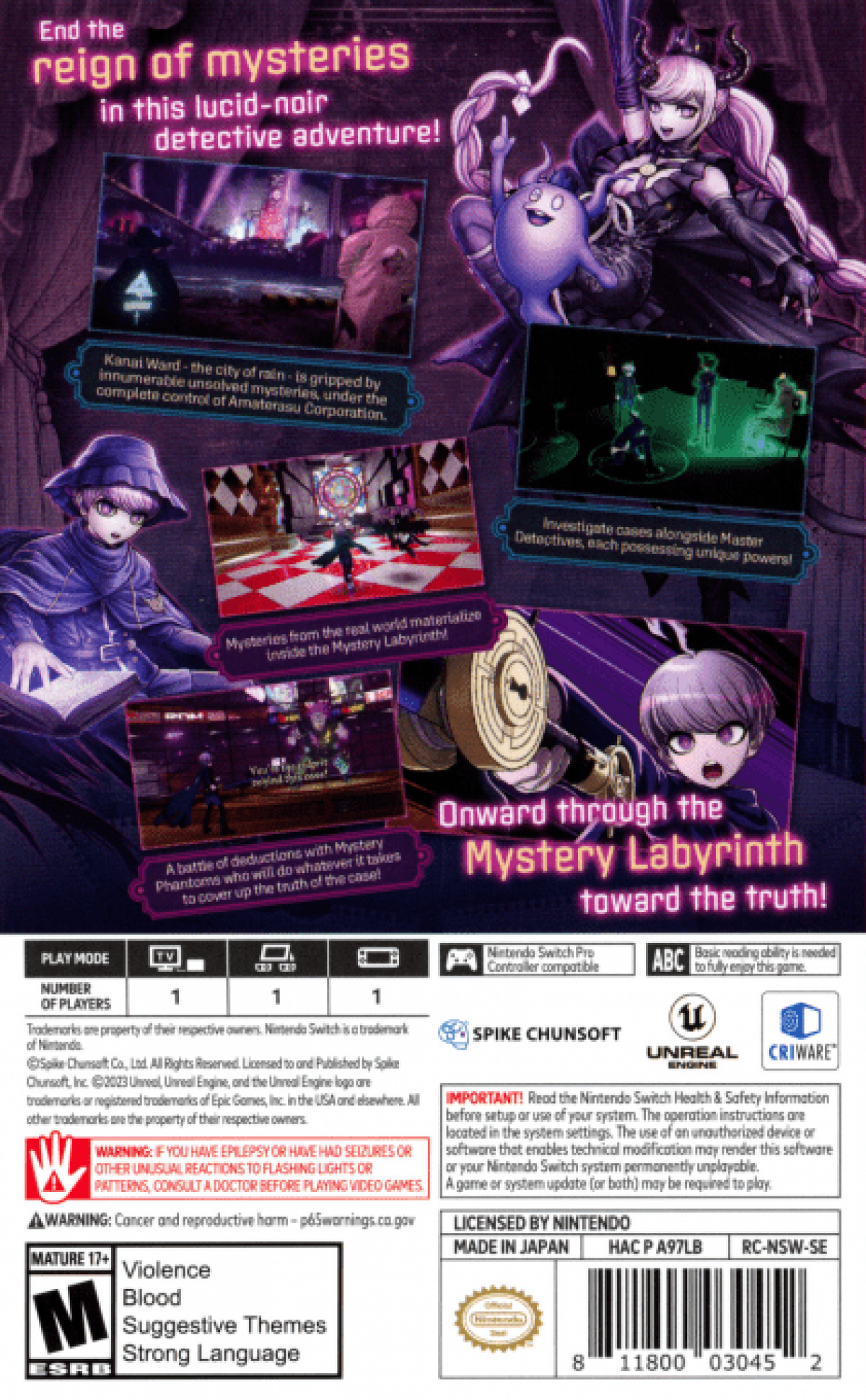 Master Detective Archives: RAIN CODE    back of box for Nintendo Switch (NS) video game