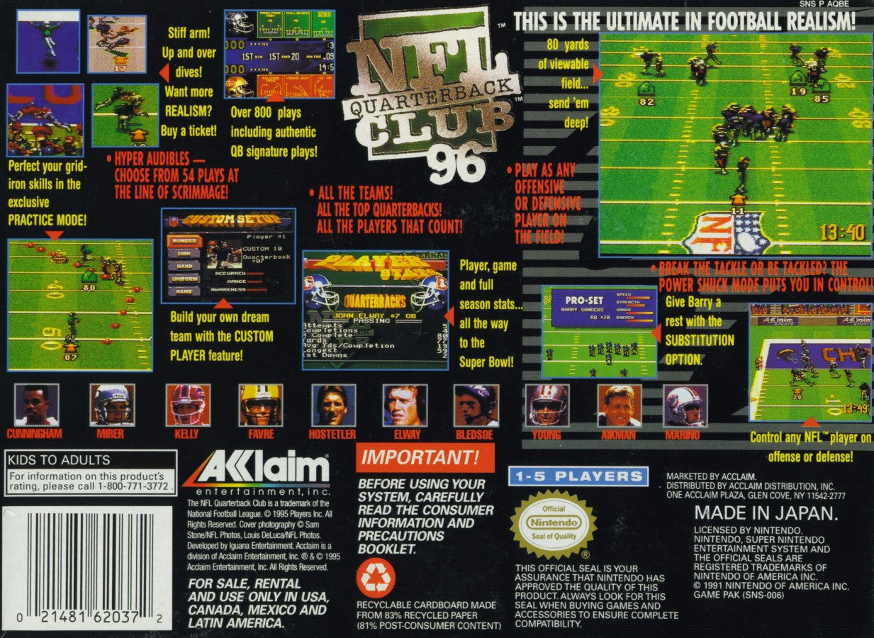 NFL Quarterback Club 96 back of box for Super Nintendo Entertainment System (SNES) video game