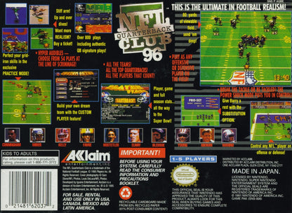 NFL Quarterback Club 96 back of box for Super Nintendo Entertainment System (SNES) video game