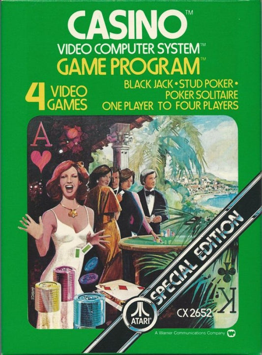 Casino Text Label for Atari 2600, cover image for a casino card and gambling video game with classic table games, retro card gameplay, chance-based challenges, and vintage home console fun