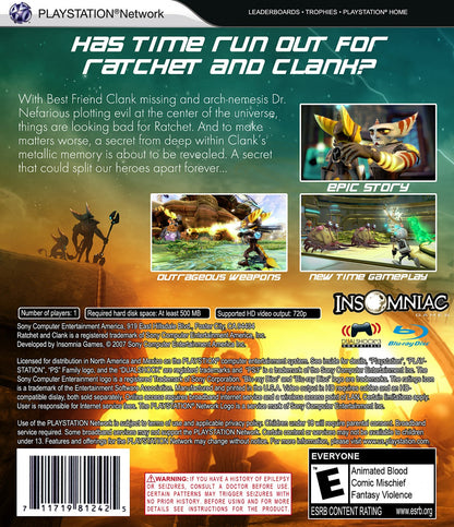 Ratchet and Clank A Crack in Time action adventure platformer video game featuring sci fi storytelling time manipulation space exploration classic Ratchet and Clank humor and acclaimed PlayStation franchise back cover art 