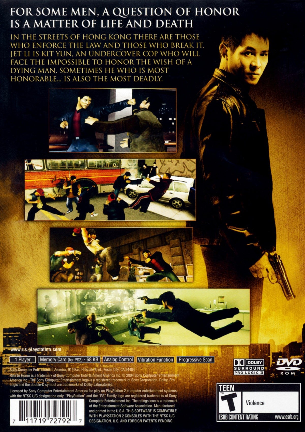 Rise to Honor Greatest Hits PlayStation 2 Jet Li first video game starring role Kit Yun undercover cop martial arts action analog stick combat system 360-degree fighting Corey Yuen choreography motion captured moves Hong Kong to San Francisco journey cinematic brawler environmental weapons adrenaline attacks Sony first-party exclusive back cover