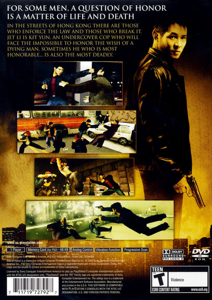 Rise to Honor Greatest Hits PlayStation 2 Jet Li first video game starring role Kit Yun undercover cop martial arts action analog stick combat system 360-degree fighting Corey Yuen choreography motion captured moves Hong Kong to San Francisco journey cinematic brawler environmental weapons adrenaline attacks Sony first-party exclusive back cover